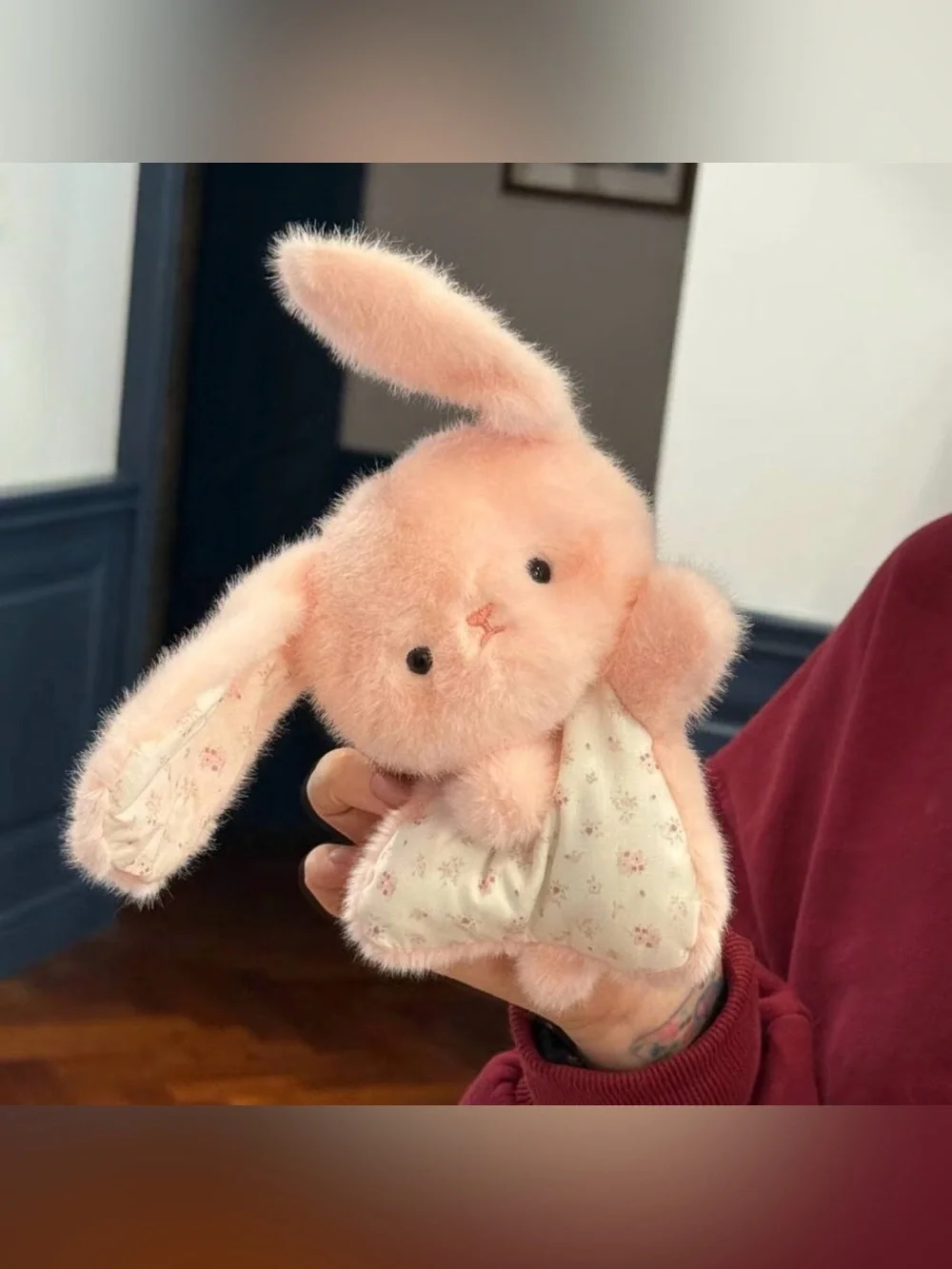 Pink Lop-Eared Bunny Bean Bag Plush – 6.3” Floral Dress Stuffed Rabbit